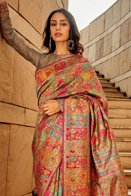 Multi-colored Kashmiri Silk Saree with Ecru Pretty Blouse