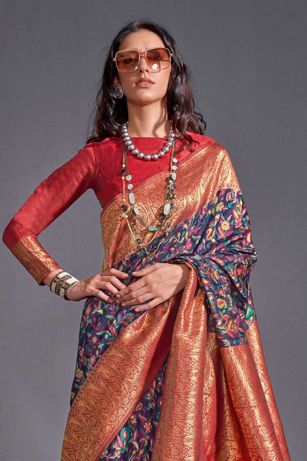 Blue Floral Designer Kashmiri Silk Saree with Red Fancy Blouse
