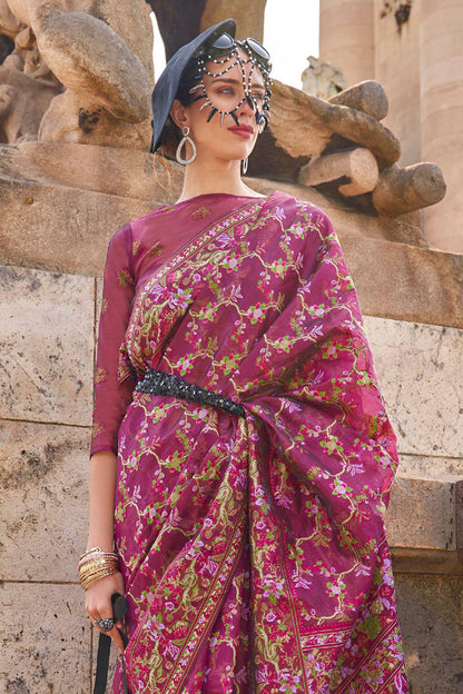 Fandango Purple Floral Kashmiri Silk Saree with Designer Blouse