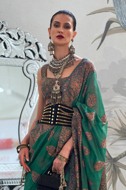 Forest Green & Floral Design Border Kashmiri Saree with Sleeve Less Blouse