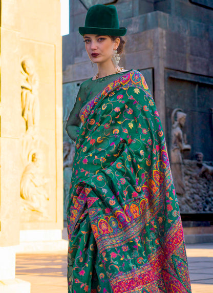 Sea Green Kashmiri Kani Silk Saree with Pretty Blouse