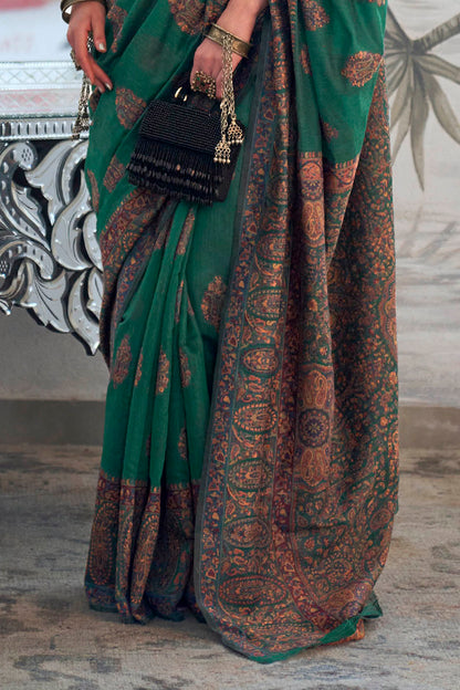 Forest Green & Floral Design Border Kashmiri Saree with Sleeve Less Blouse