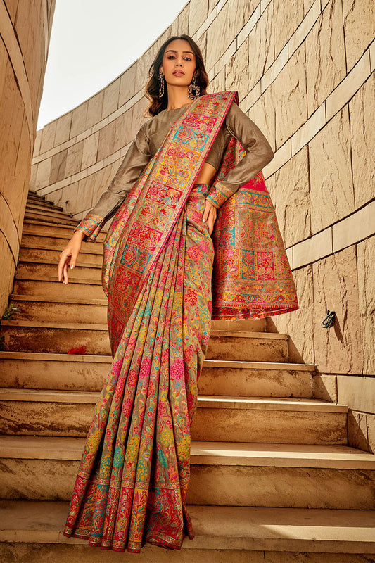 Multi-colored Kashmiri Silk Saree with Ecru Pretty Blouse