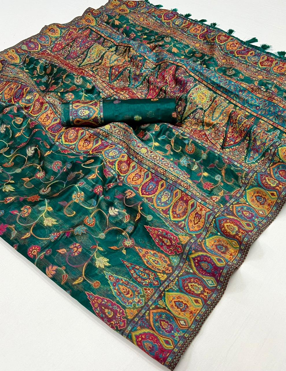 Sea Green Kashmiri Kani Silk Saree with Pretty Blouse