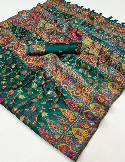 Sea Green Kashmiri Kani Silk Saree with Pretty Blouse