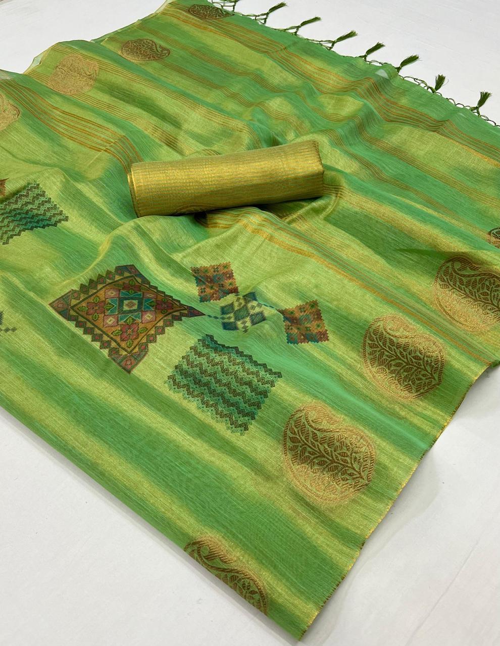 Emerald Green Tissue Silk Saree with Designer Blouse
