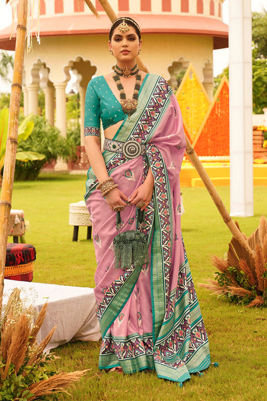 Amaranth Pink & Sky Blue Patola Saree with Pretty Blouse