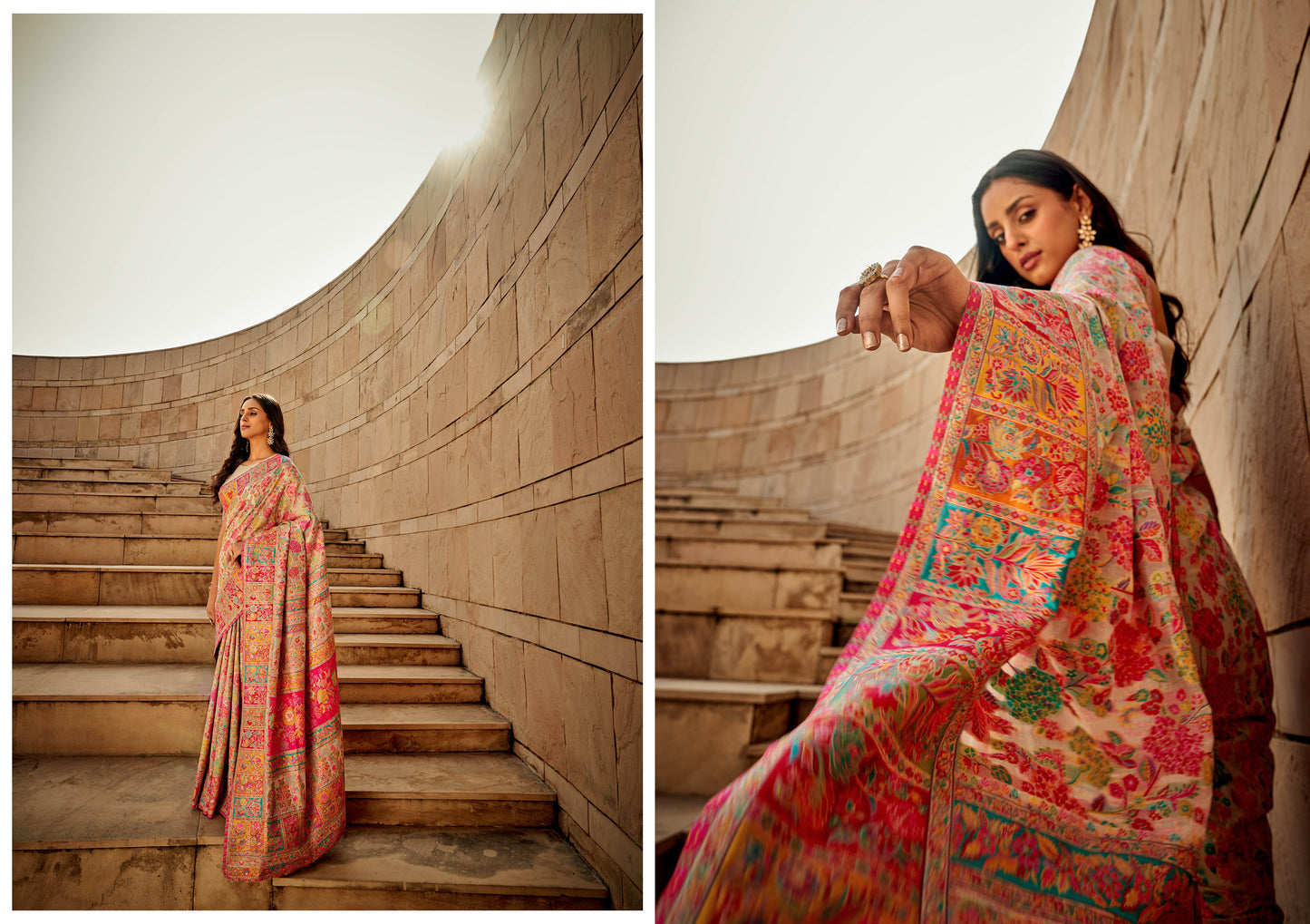 Carnation Pink Kashmiri Silk Saree with Designer Blouse