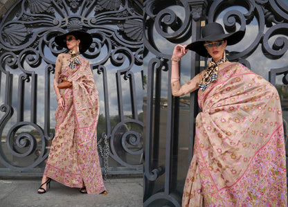 Thulian Pink Floral Border Kashmiri Silk Saree with Pretty Blouse