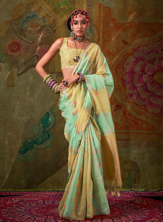 Amber Yellow & Light Green Linen Saree with Yellow Sleeve Less Blouse