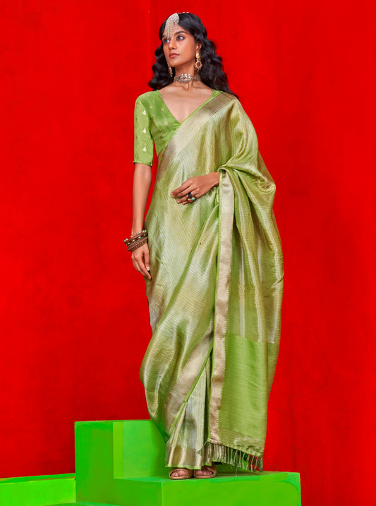 Sage Green & Golden border Kanjeevaram Silk Saree with Designer Blouse