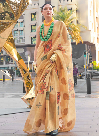Flax Yellow Tissue Silk Saree with Contrast Same Colored Blouse