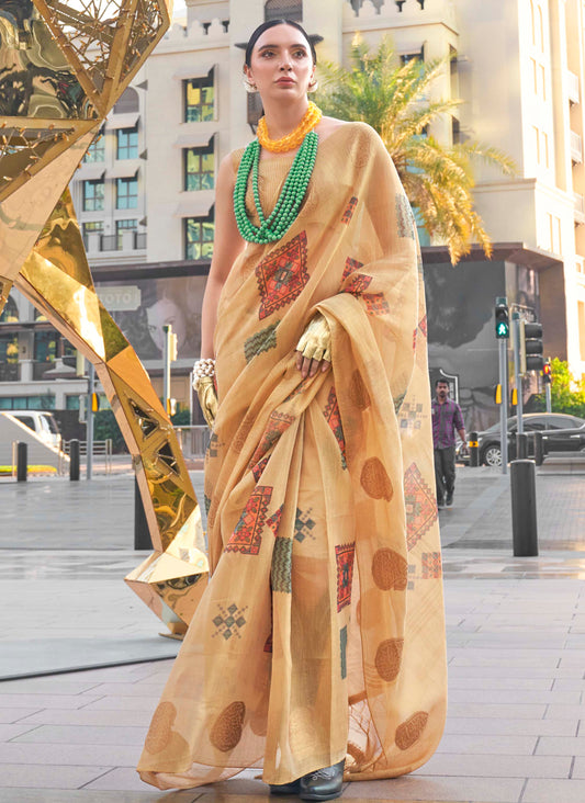 Flax Yellow Tissue Silk Saree with Contrast Same Colored Blouse