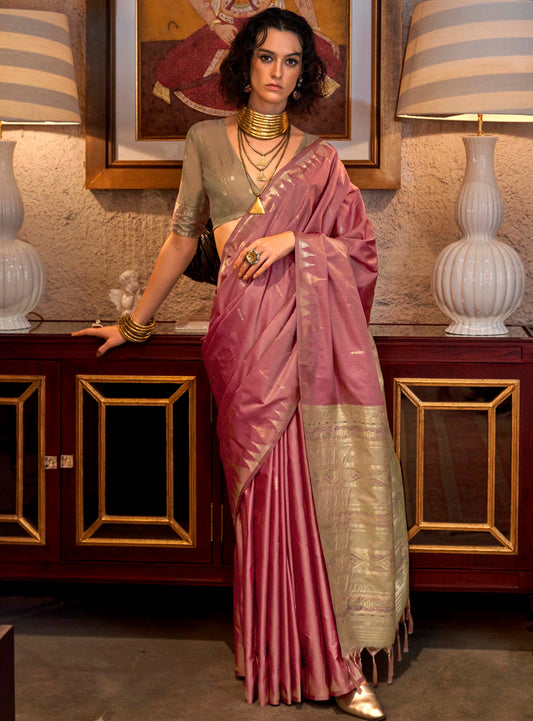 French Rose Tussar Silk Saree with Ecru Contrast Designer Blouse