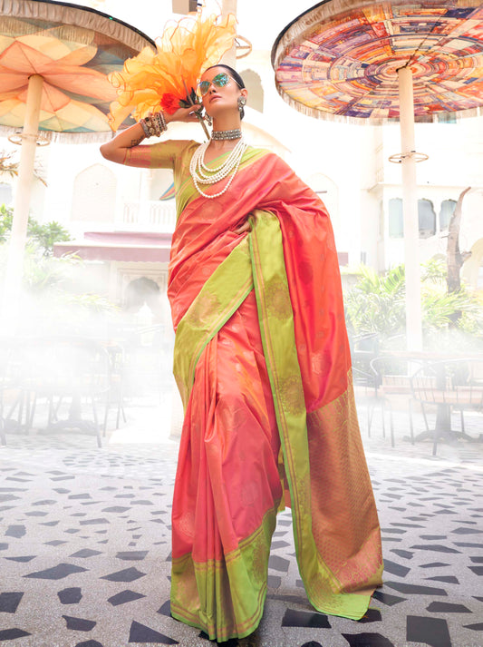 Brick Pink & Lime Green Kanjeevaram Silk Saree with Lime Green Designer Blouse