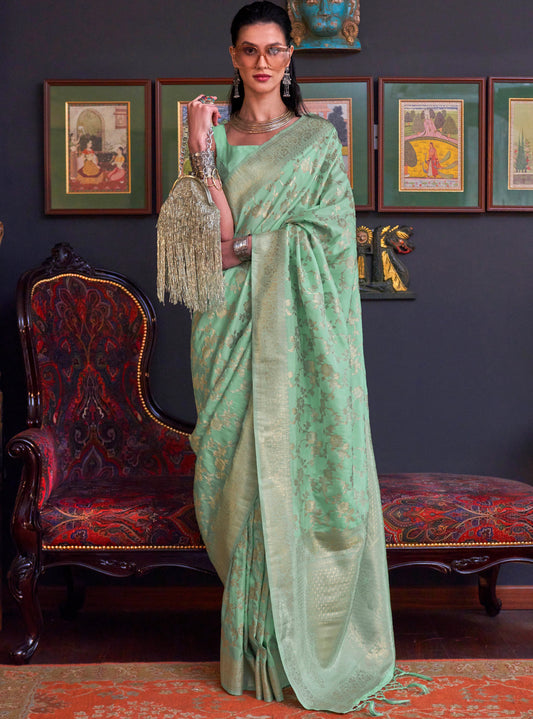 Baby Blue & Golden Border Banarasi Silk Saree with Designer Blouse