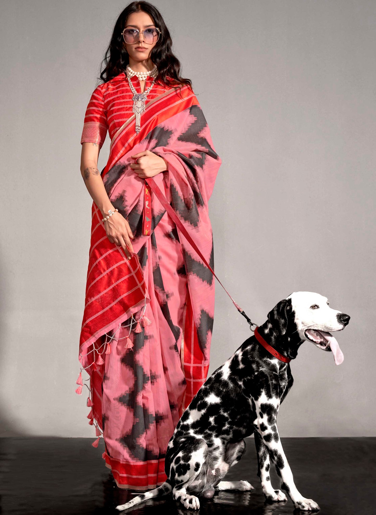 Red & Cerise Pink Designer Saree with Red Designer Blouse
