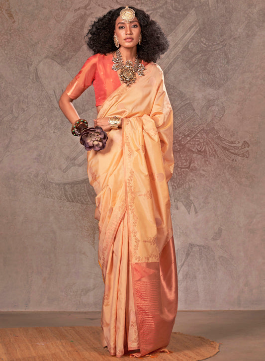 Amber Yellow & Orange Border Kanjeevaram Silk Saree with Pretty Blouse