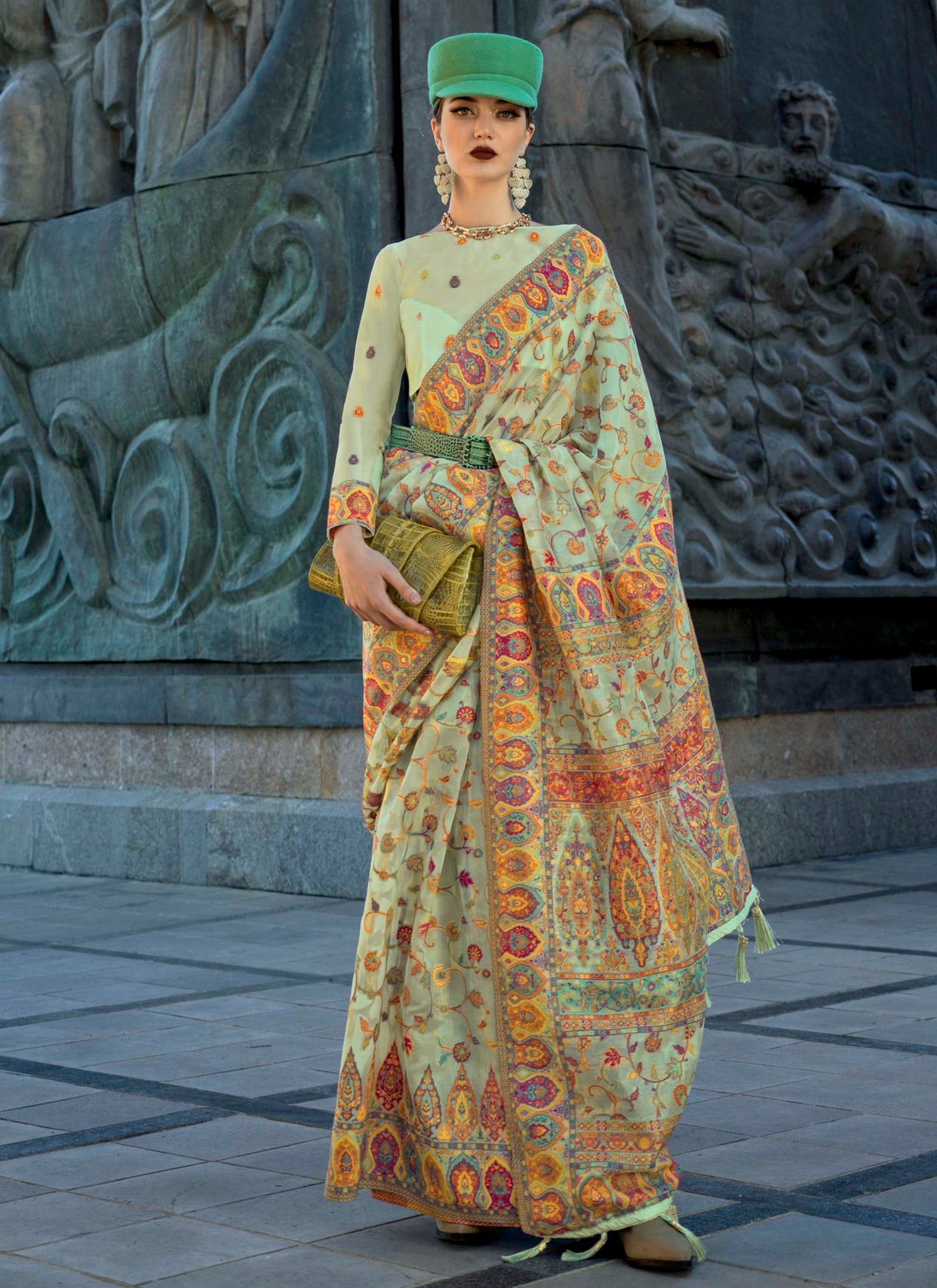 Tea Light Green Kashmiri Kani Silk Saree with Designer Blouse