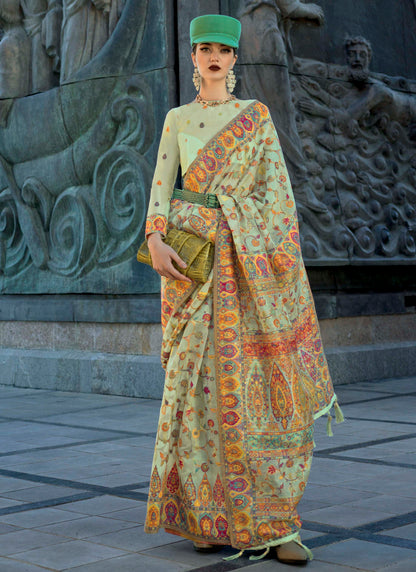 Tea Light Green Kashmiri Kani Silk Saree with Designer Blouse