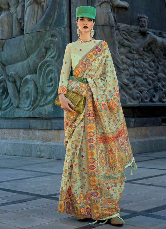 Tea Light Green Kashmiri Kani Silk Saree with Designer Blouse