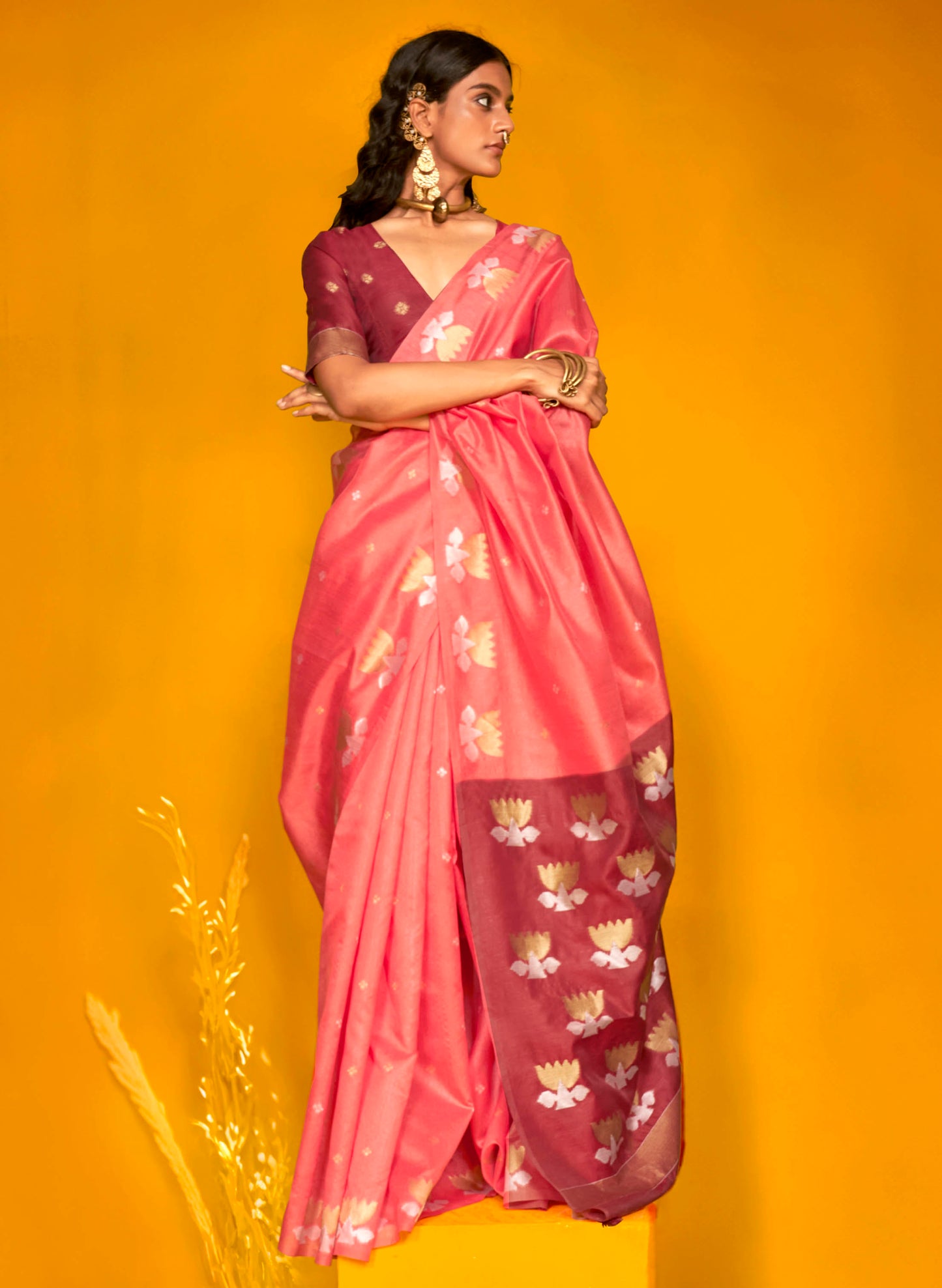 Brick Pink & Carmine Red Satin Silk Saree with Pretty Blouse