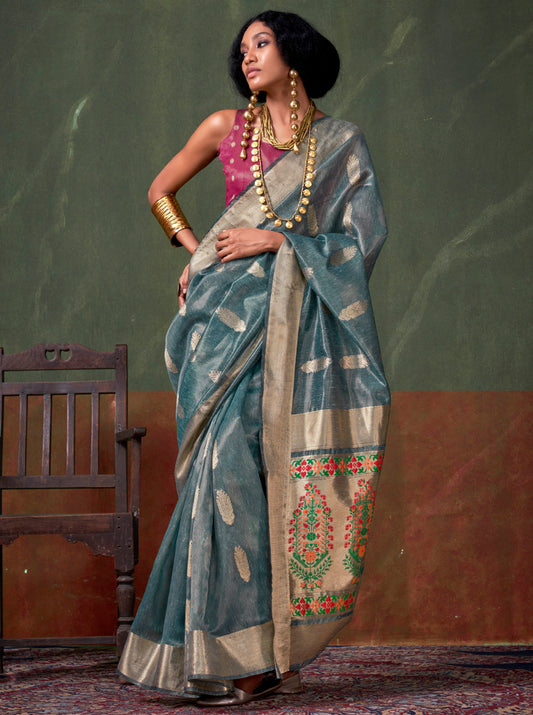 Pine Blue & Golden Paithani Style Border Tissue Silk Saree with Hot Pink Blouse