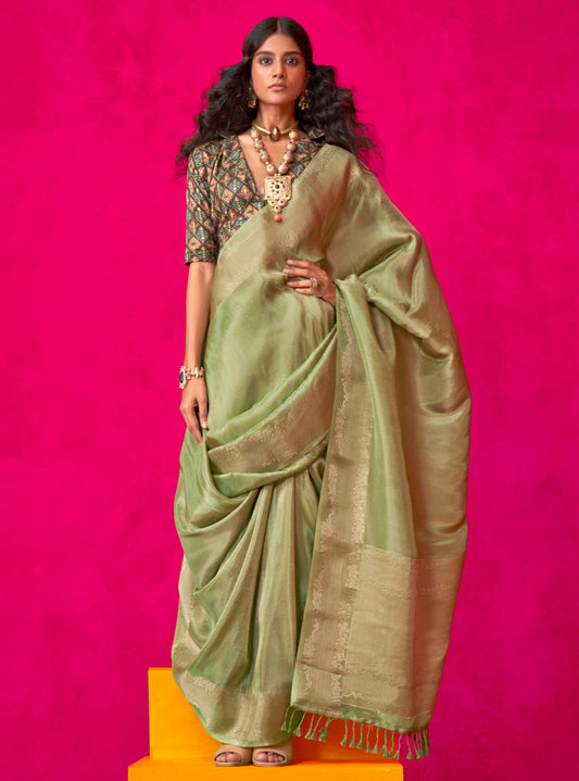 Sage Green & Golden Border Kanjeevaram Silk Saree with Designer Blouse