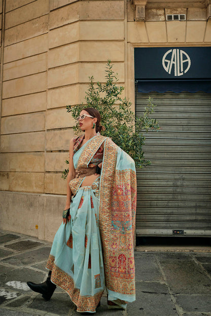 Light Blue Kashmiri Silk Saree with Sleeve Less Designer Blouse