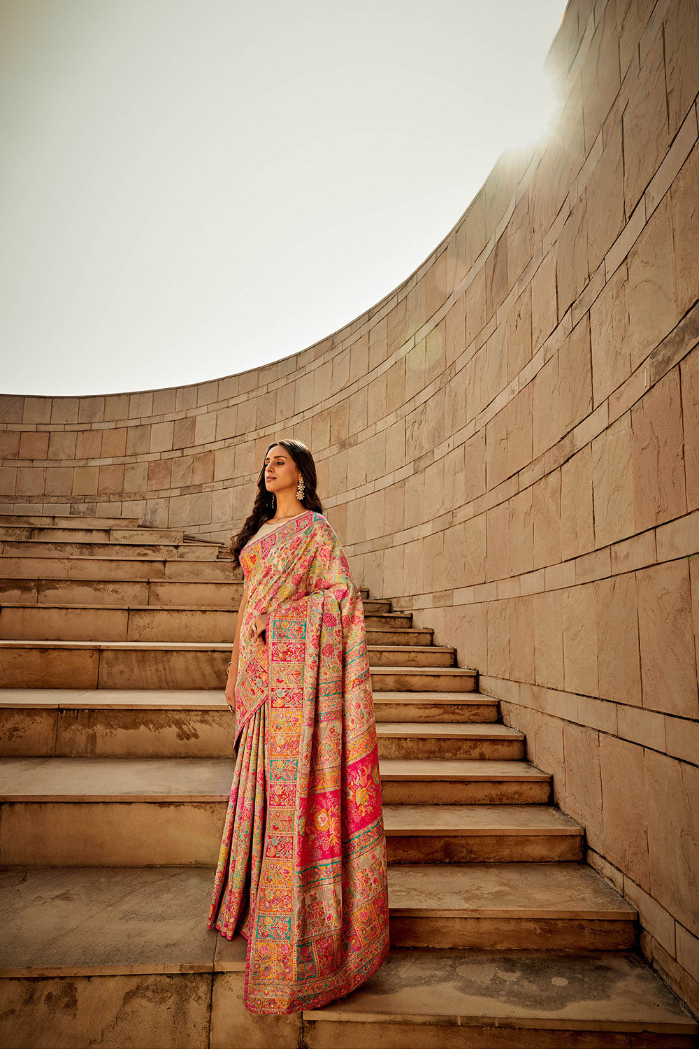 Carnation Pink Kashmiri Silk Saree with Designer Blouse