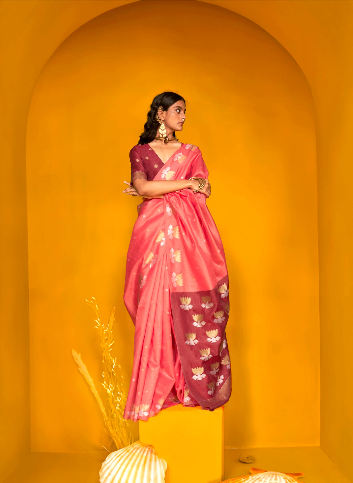 Brick Pink & Carmine Red Satin Silk Saree with Pretty Blouse