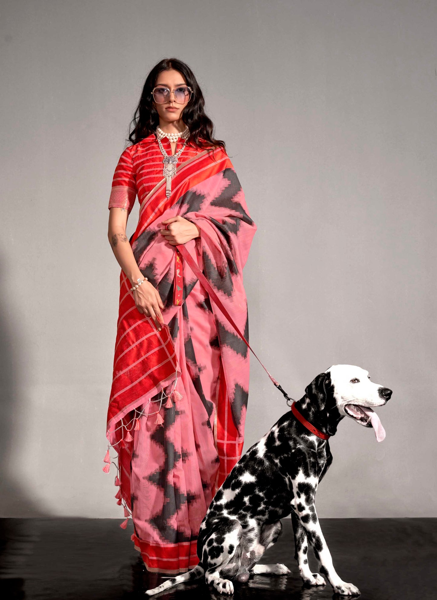 Red & Cerise Pink Designer Saree with Red Designer Blouse