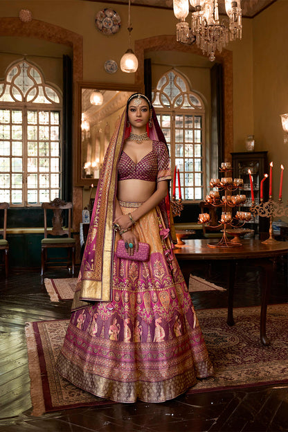 Yellow with Purple Maharani Style Soft Silk Designer Lahenga Choli for Woman