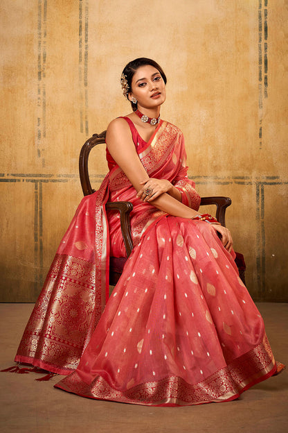 Candy Apple Red & Golden Butti Banarasi Silk Saree with Red Fancy Sleeve Less Blouse