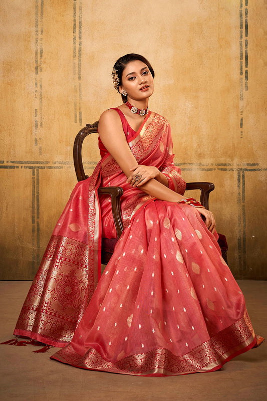 Candy Apple Red & Golden Butti Banarasi Silk Saree with Red Fancy Sleeve Less Blouse