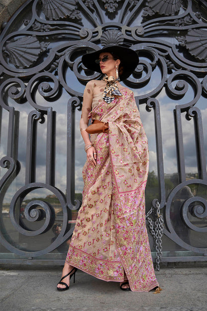 Thulian Pink Floral Border Kashmiri Silk Saree with Pretty Blouse