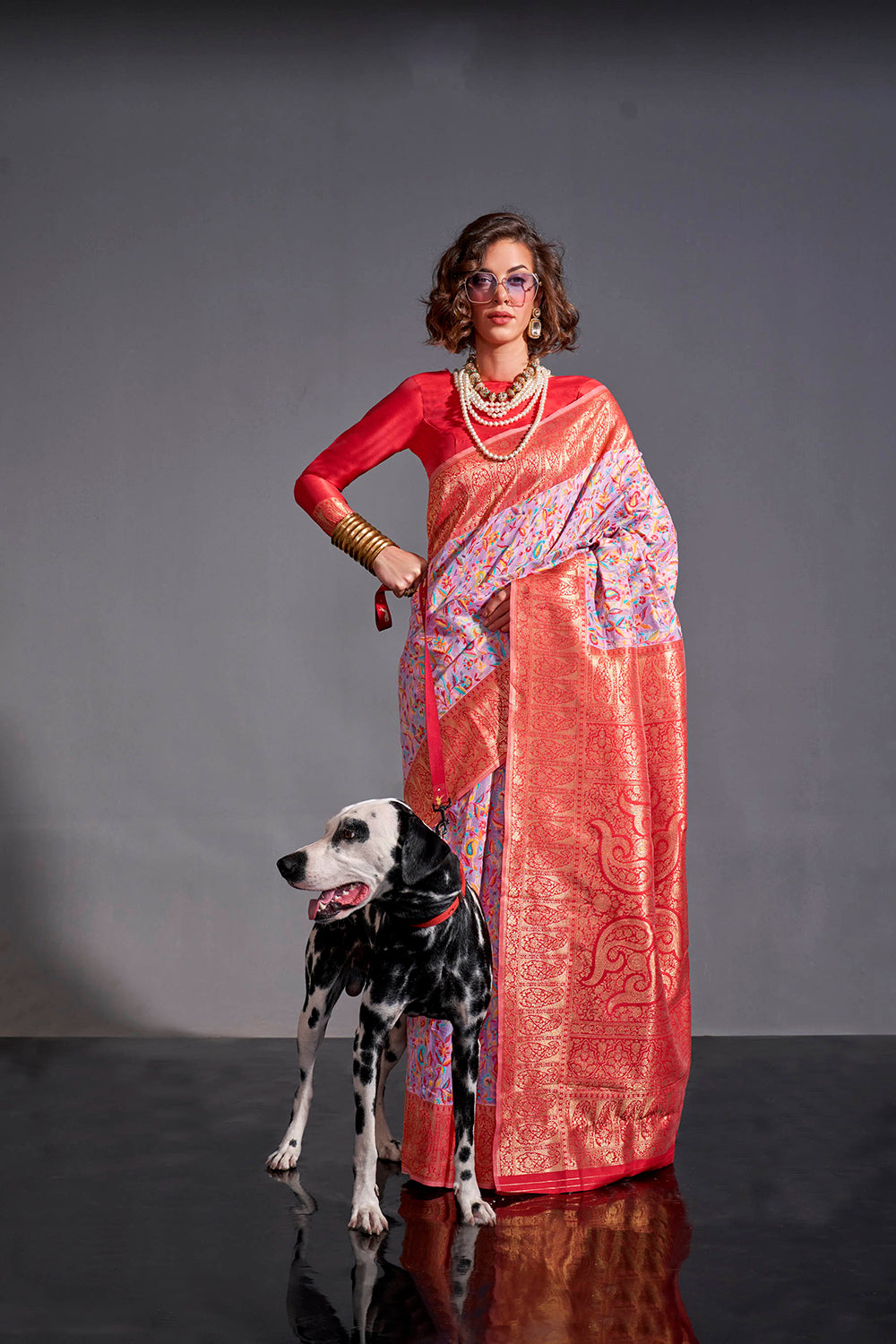 Helio Purple & Red Border Kashmiri Silk Saree with Same Colored Blouse