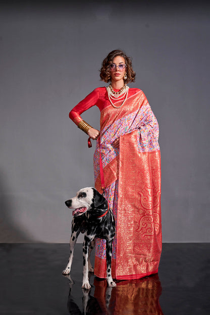 Helio Purple & Red Border Kashmiri Silk Saree with Same Colored Blouse