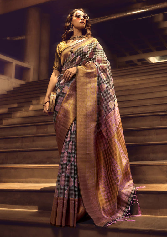 Baby Pink & Checks Designer Kanjeevaram Silk Saree with Golden Pretty Blouse