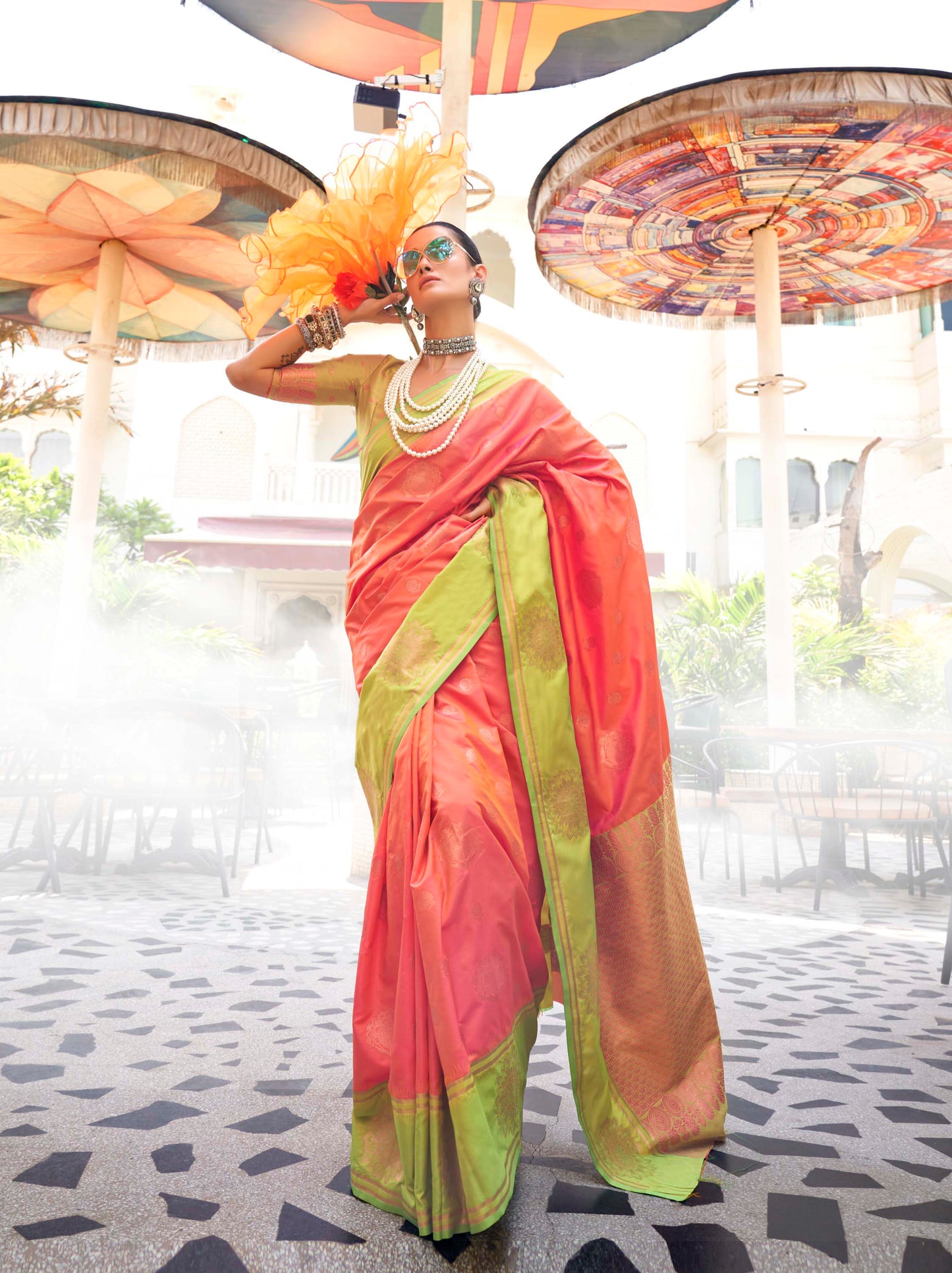 Brick Pink & Lime Green Kanjeevaram Silk Saree with Lime Green Designer Blouse