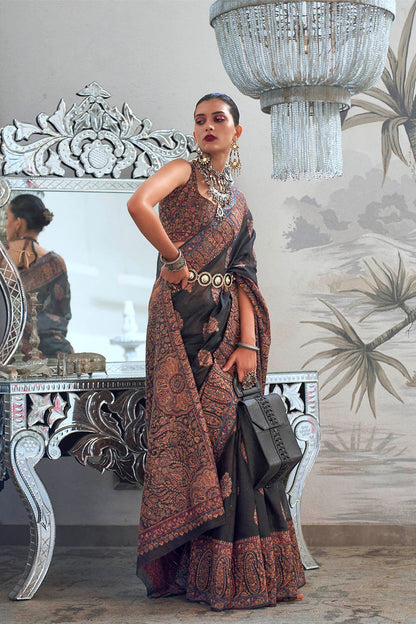 Black & Golden Border Kashmiri Saree with Designer Sleeve Less Blouse