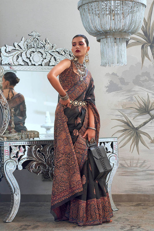 Black & Golden Border Kashmiri Saree with Designer Sleeve Less Blouse