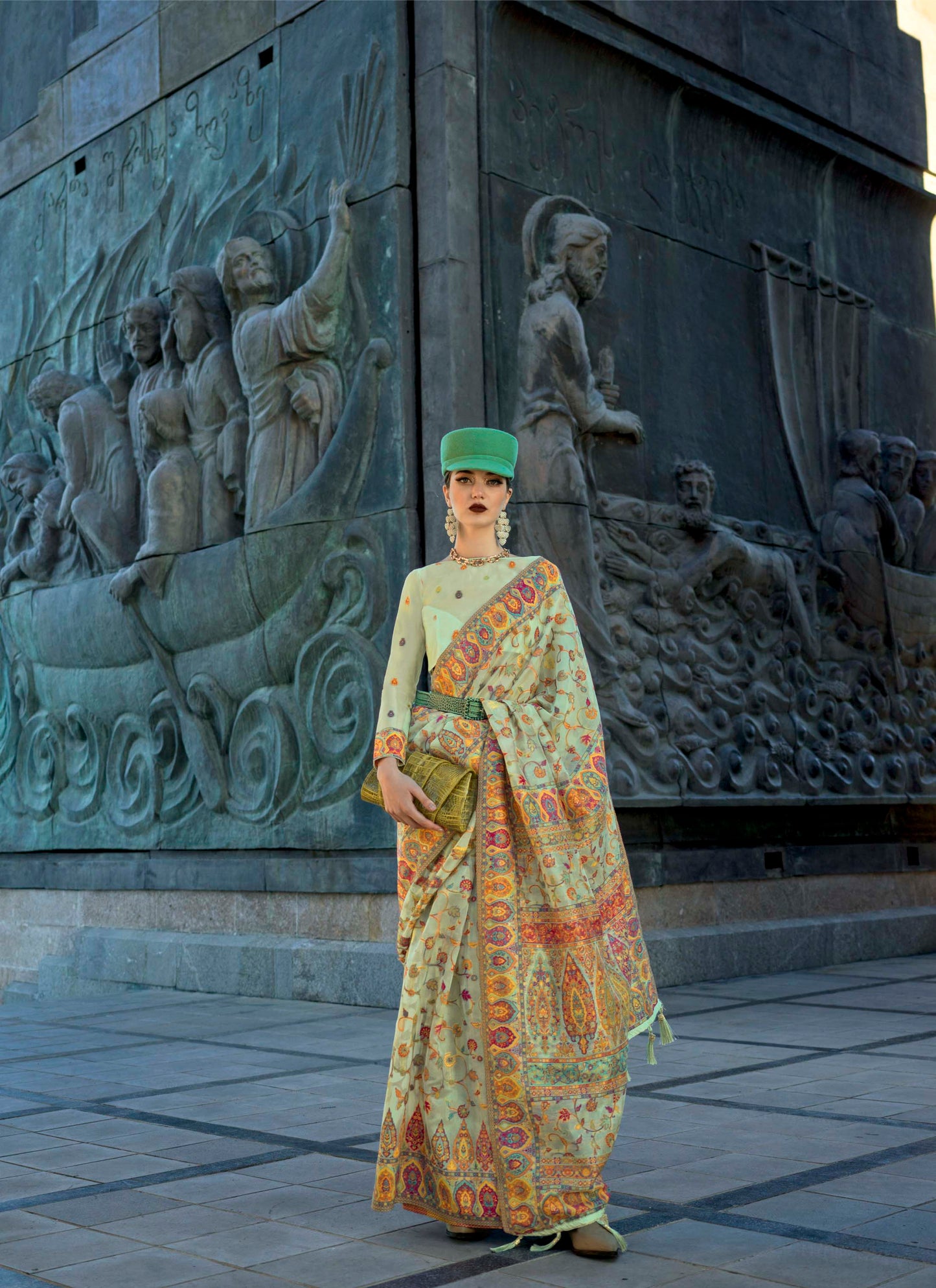 Tea Light Green Kashmiri Kani Silk Saree with Designer Blouse