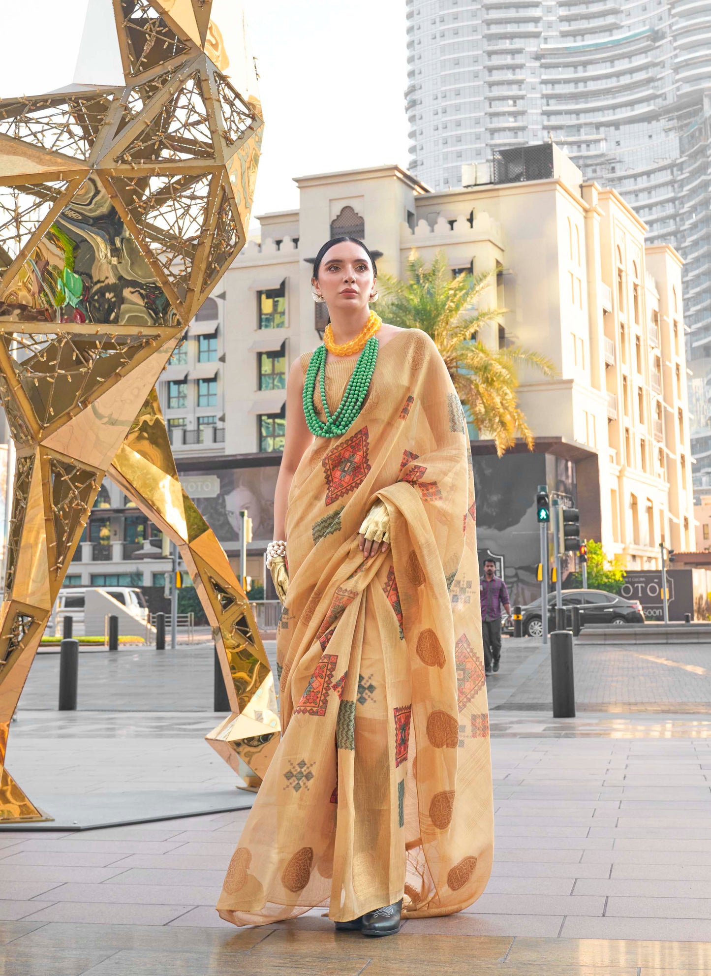 Flax Yellow Tissue Silk Saree with Contrast Same Colored Blouse