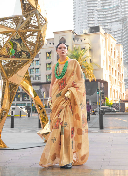Flax Yellow Tissue Silk Saree with Contrast Same Colored Blouse