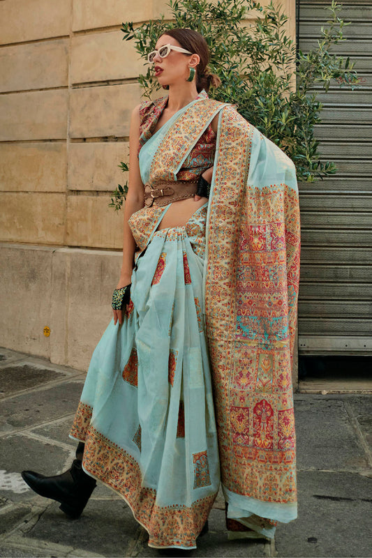 Light Blue Kashmiri Silk Saree with Sleeve Less Designer Blouse