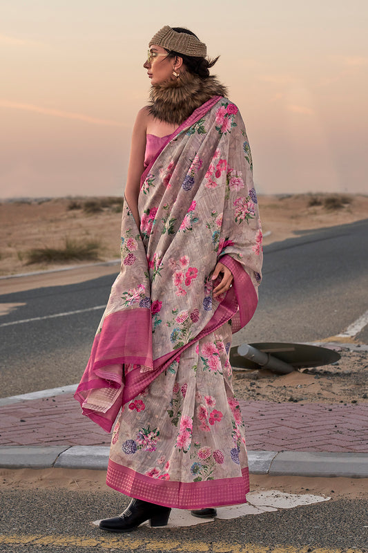 Bubble Gum Pink Printed Saree with Designer Brick Pink Blouse