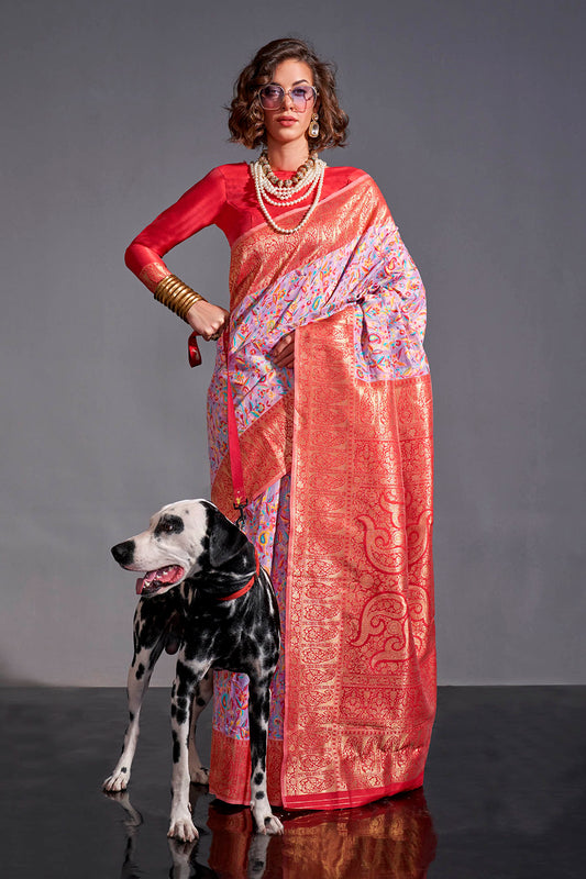 Helio Purple & Red Border Kashmiri Silk Saree with Same Colored Blouse