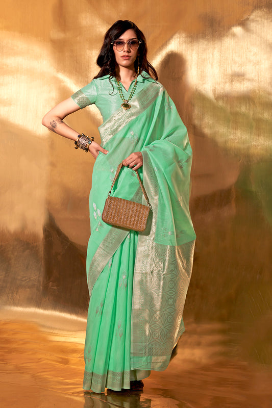 Arctic Blue & Golden Border Banarasi Silk Saree with Designer Blouse