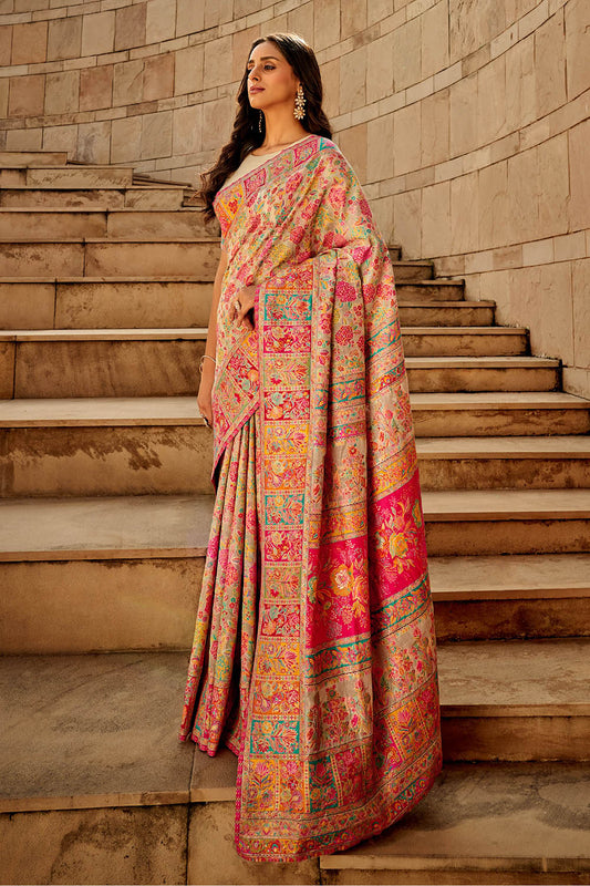 Carnation Pink Kashmiri Silk Saree with Designer Blouse